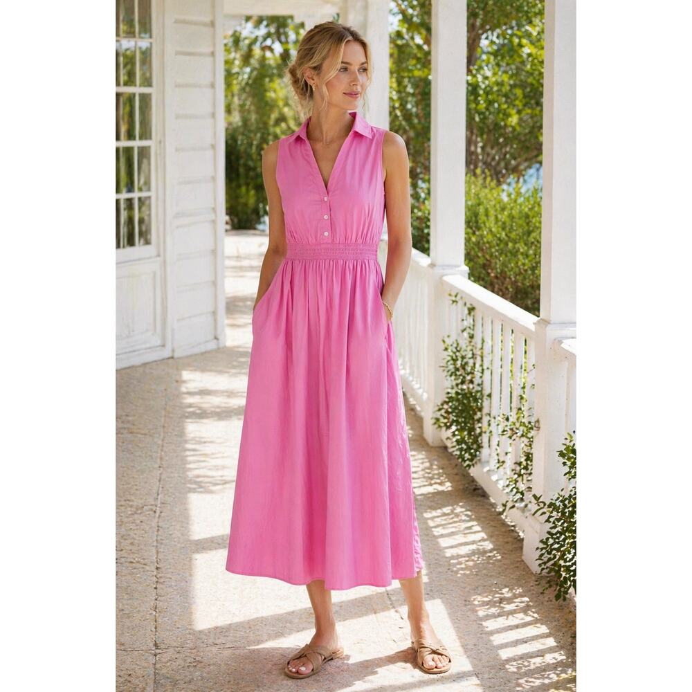 J.Crew Factory Pink Cotton Midi Dress Sleeveless Smocked Waist 6 - Picture 4 of 13